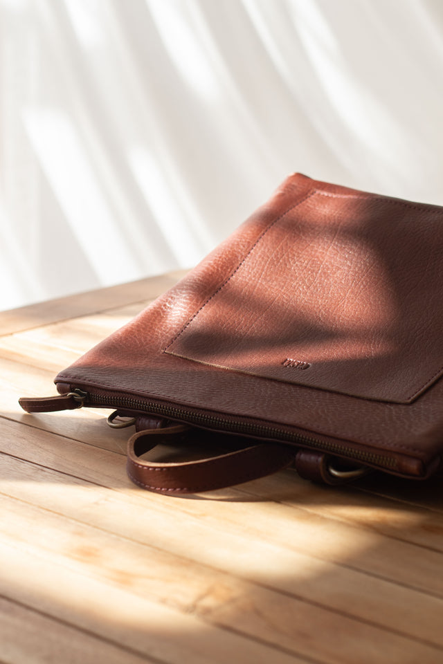 Convertible backpack. Full grain leather backpack. Vegetable tanned leather backpack. Unlined backpack.